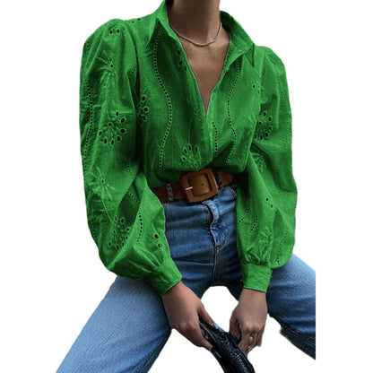 Lapel Long Sleeve Cardigan Women Regular Fit Puff Sleeve Hollow Blouse