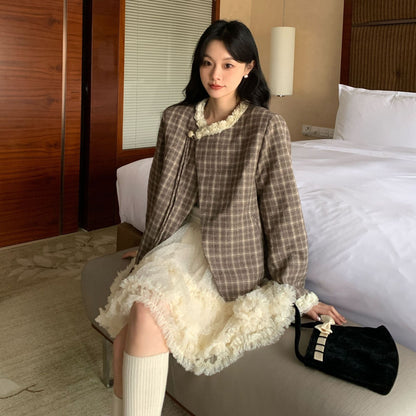 Mori checked lace irregular diagonal neck lace-up jacket