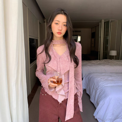 Floral long-sleeved streamer ruffle bottoming shirt