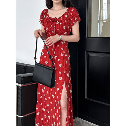 French coffee break bubble sleeve floral dress summer waist thin neckline drawstring long dress