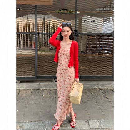 Beautiful floral dress square collar temperament dress