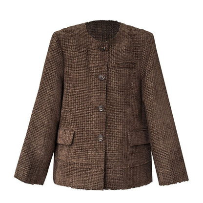 Korean round neck small fragrant jacket for women's autumn new heavy industry high-end tweed short suit