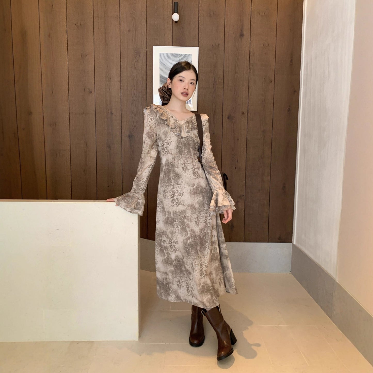 Women's Floral Print Ruffle Collar Flared Sleeve High-Waist Maxi Dress