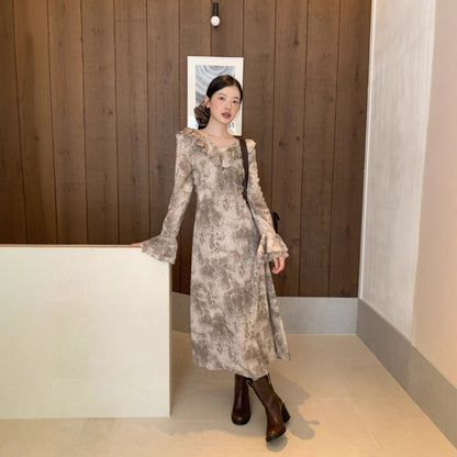 Women's Floral Print Ruffle Collar Flared Sleeve High-Waist Maxi Dress