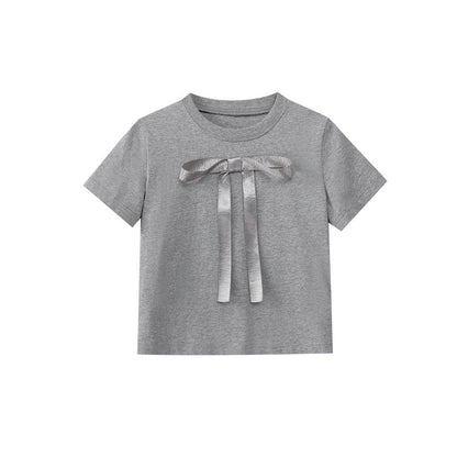 Early spring French slimming versatile slim bow short-sleeved T-shirt