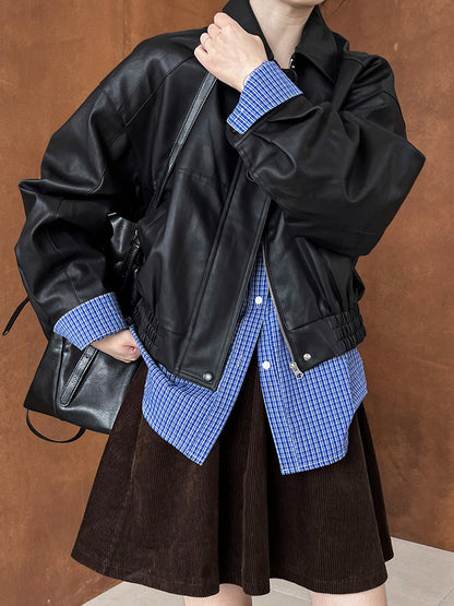Hong Kong-style leather jacket women's early spring new loose short PU motorcycle leather jacket top