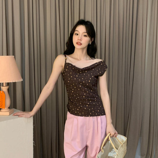 French Sweet Polka Dot Skinny Design Off-Shoulder Suspender Top
