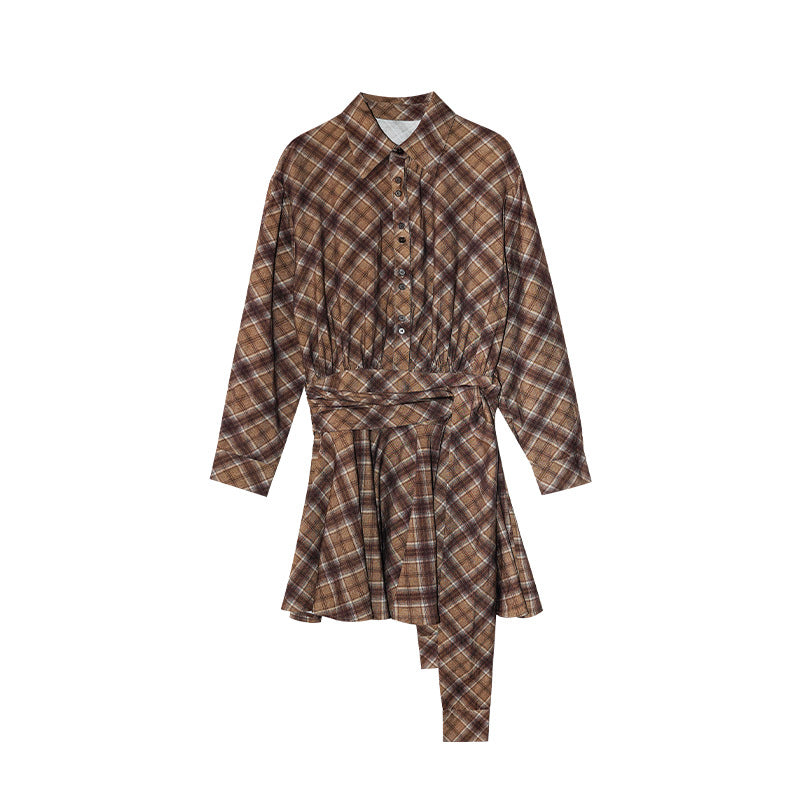 Literary retro waist plaid shirt dress