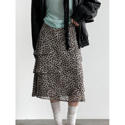 Irregular high-waisted chiffon leopard print skirt women's spring new ruffle leaf edge cake skirt A-shaped skirt