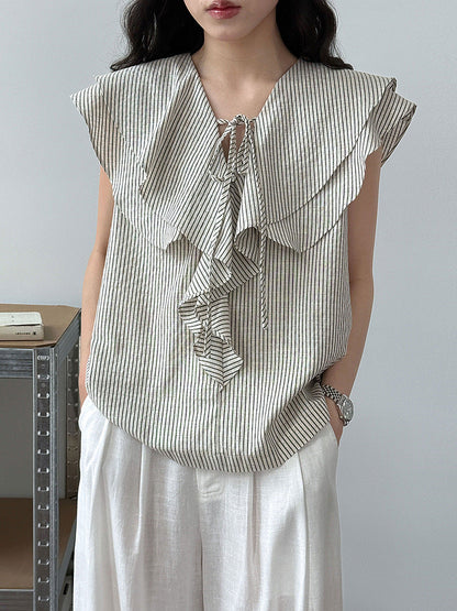 Korean design ruffle shirt women's summer new V-neck striped versatile and thin top