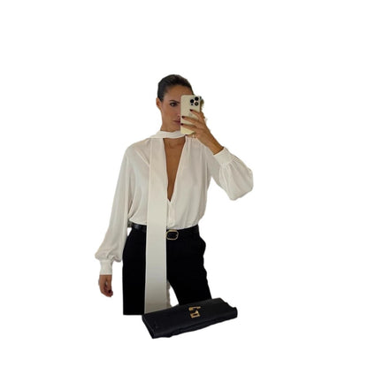 Fashion Deep V Ribbon Loose Shirt Commuter Hottie Sexy Shirt Top Female