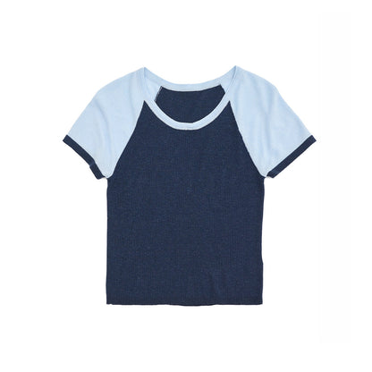 Spring Casual Tencel Hemp Crew Neck Versatile Contrast Color Short Knitted Pullover