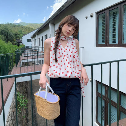 Sweet Polka Dot Tencel Neck Lace-Up Vest Chiffon Shirt