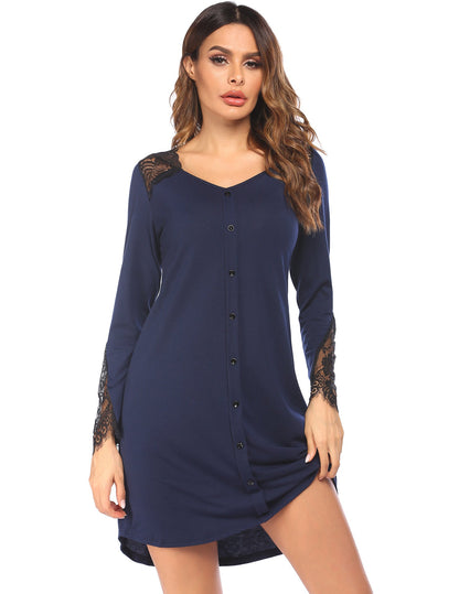 Long Sleeve Nightdress Women V-Neck Lace Splicing Loungewear Pajamas