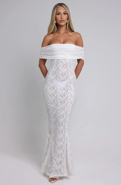 Lace one-shoulder dress backless sexy see-through bandeau skirt