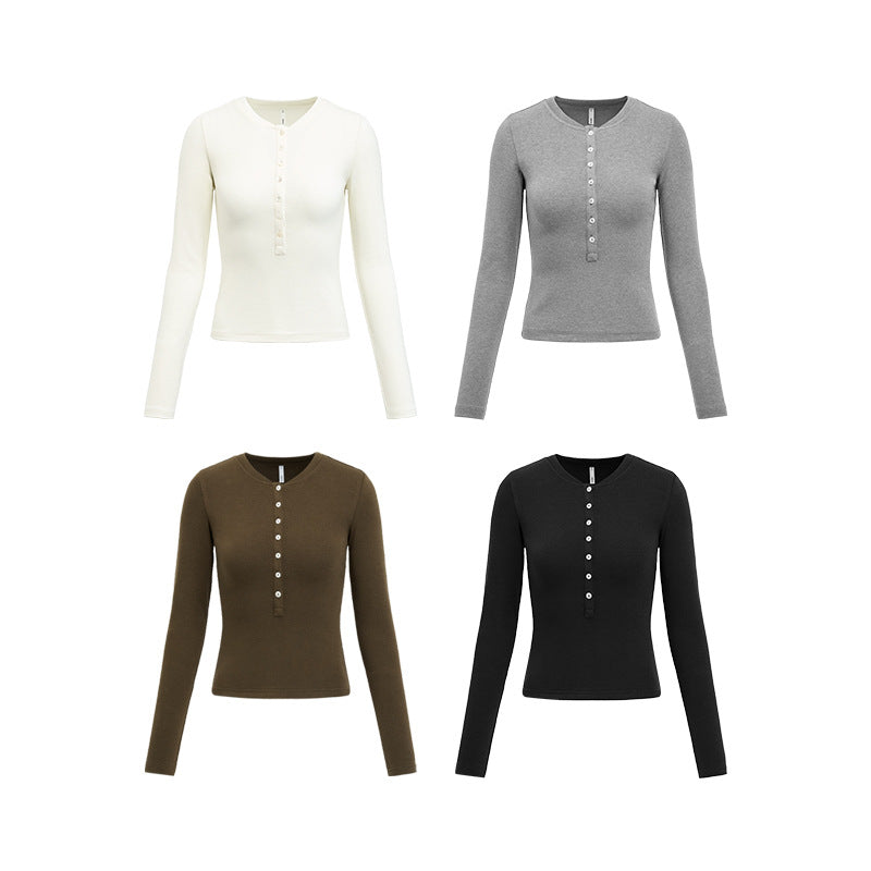 Henley Collar Slim Top Women Round Neck Long Sleeve Fitted T-Shirt