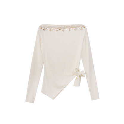 Spring French Pure Sweet and Spicy Design Slant Neck Off-Shoulder Top