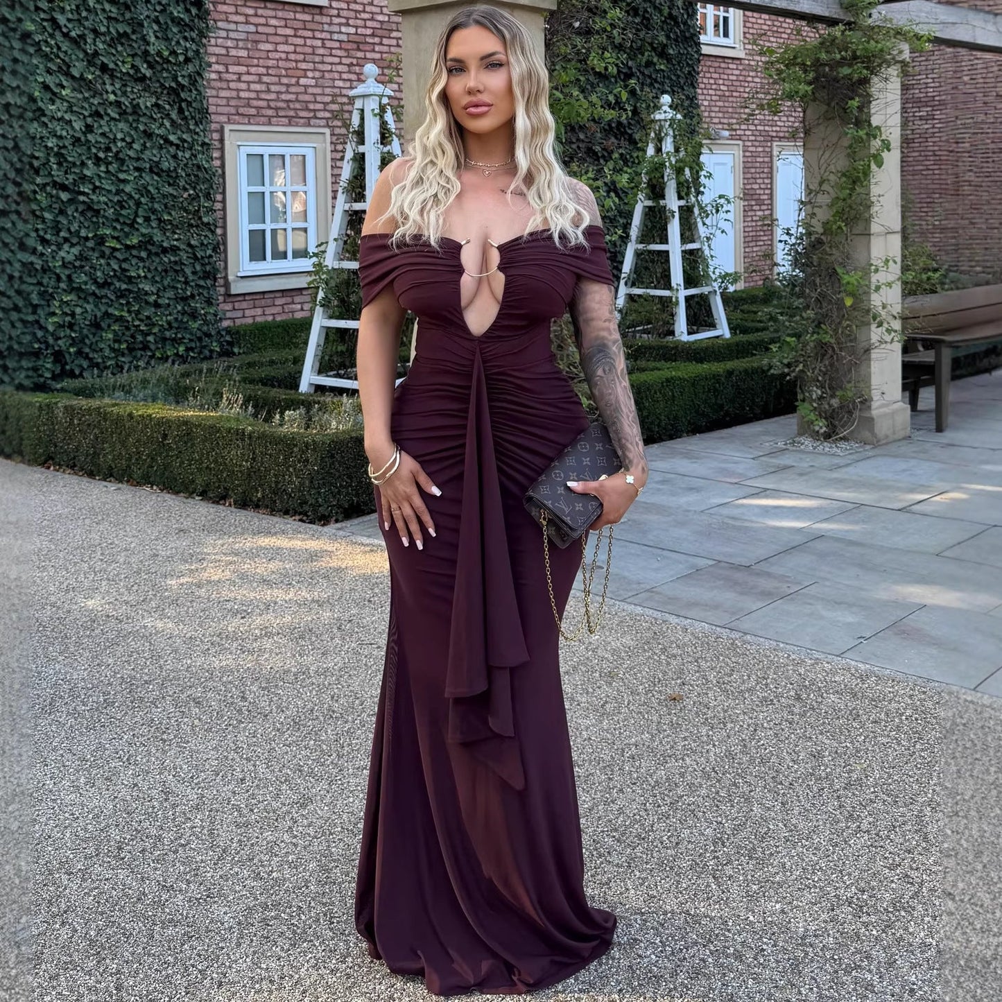 Splicing Ribbon Long Dress Dress Wind Dress Vacation Style One-word Shoulder Buttocks Dress
