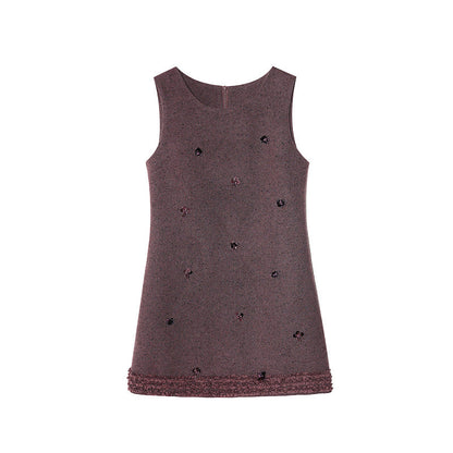Retro age reduction and thin stacking sleeveless crew neck vest dress women