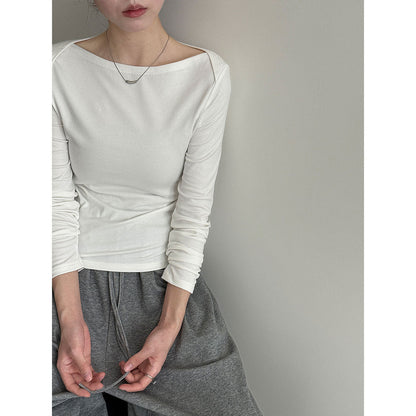 Retro high-intelligence boat collar design sense with long-sleeved T-shirt inside women's autumn slim-fitting and thin Spice Girl top
