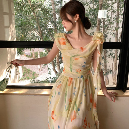 Pastoral pure desire temperament waist floral dress