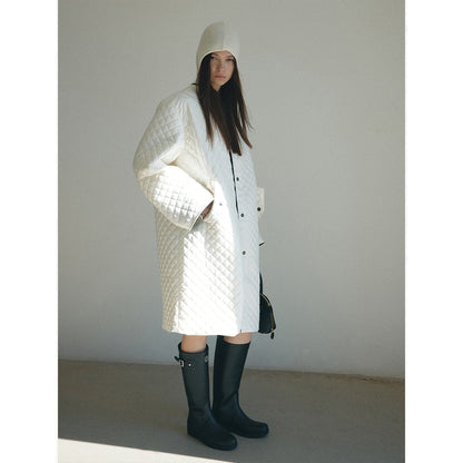 Winter new casual round neck single-breasted quilted contrasting color medium and long cotton jacket