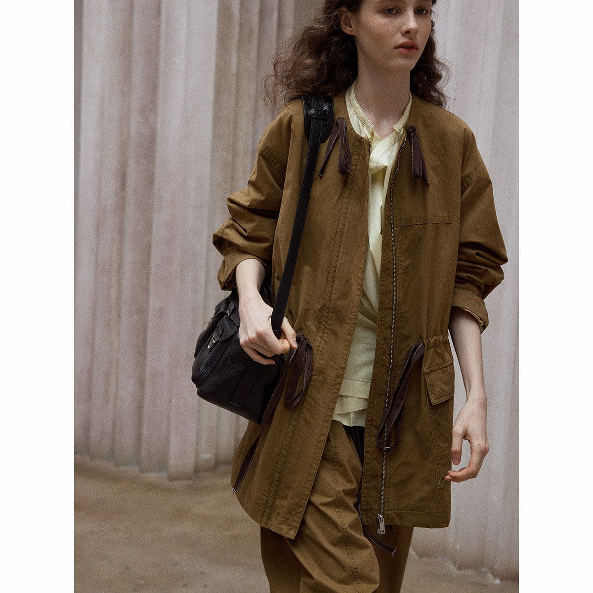 Washed cotton contrasting color drawstring loose round neck autumn new retro commuter jacket