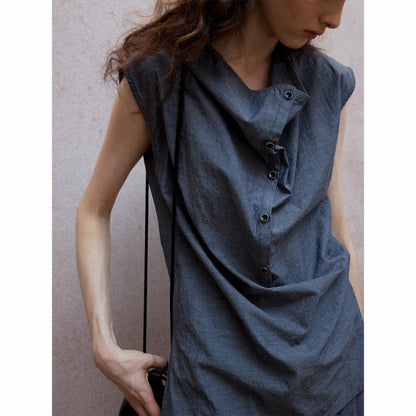 Do old denim linen cotton design sense diagonal placket irregular sleeveless swing neck vest top