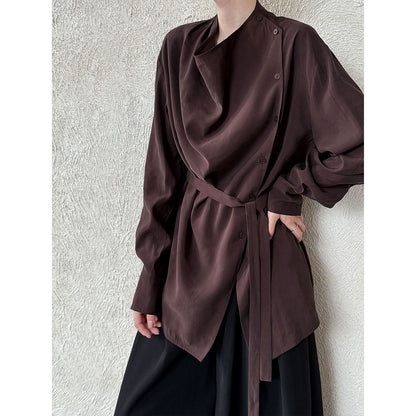 Korean niche swinging collar strap waist shirt women's autumn new temperament design shirt