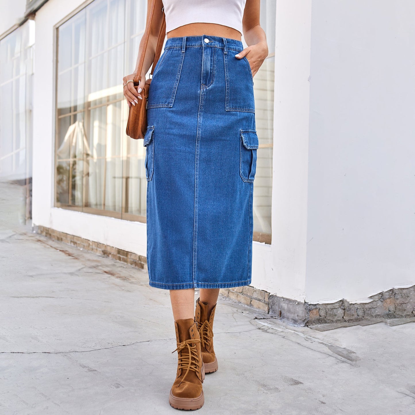 Cargo Denim Midi Skirt