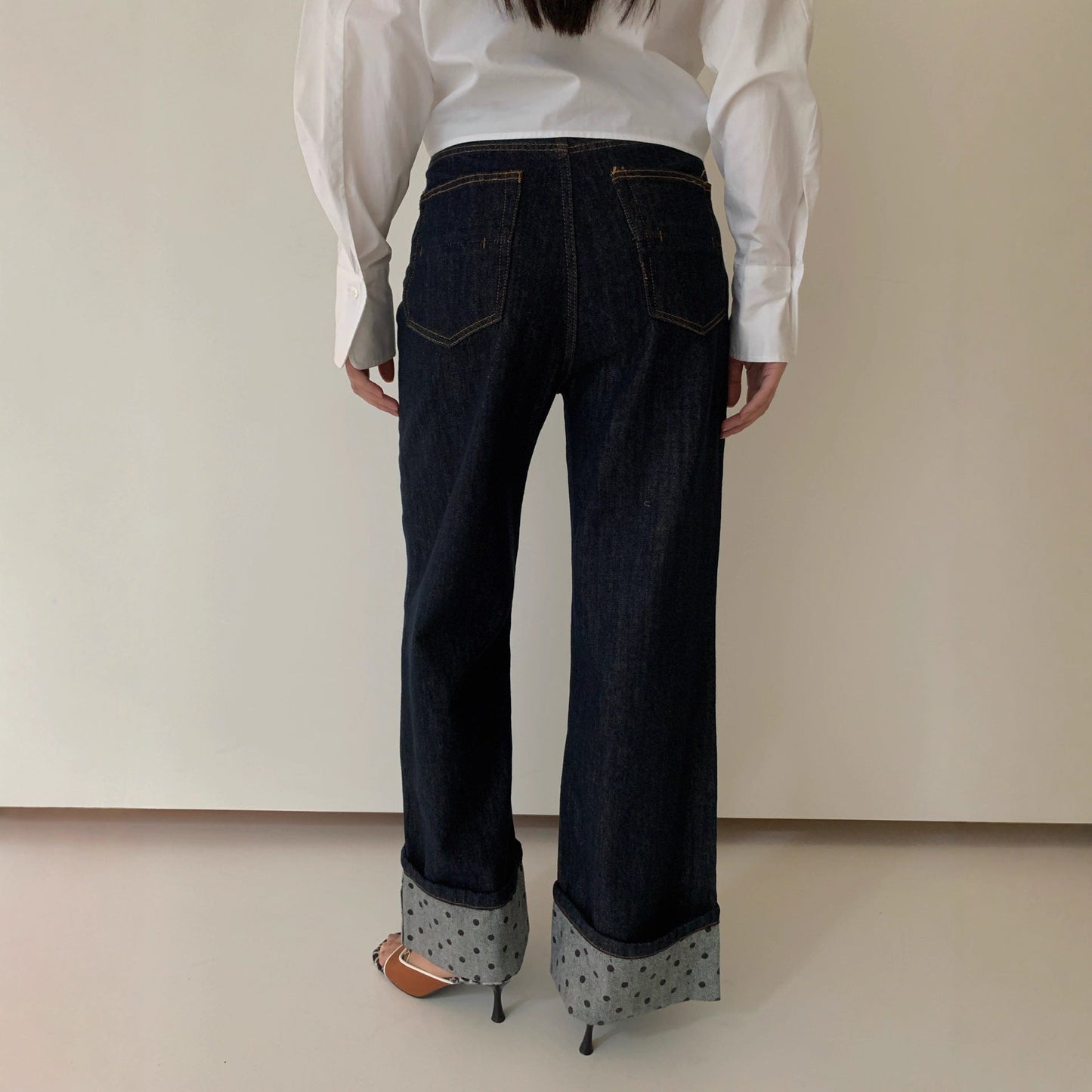 Versatile polyester cotton straight jeans women's curled design trousers