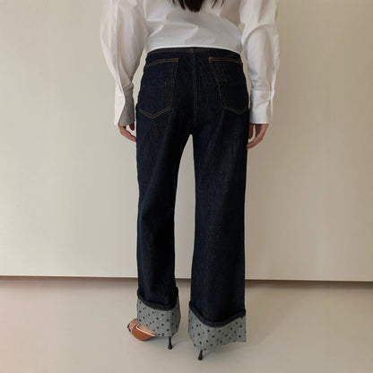 Versatile polyester cotton straight jeans women's curled design trousers