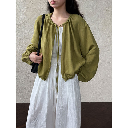 Crew neck strap linen shirt women's Korean simple summer new waist sunscreen jacket shirt