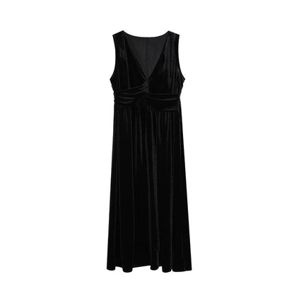 Skinny waist velvet deep V sleeveless dress