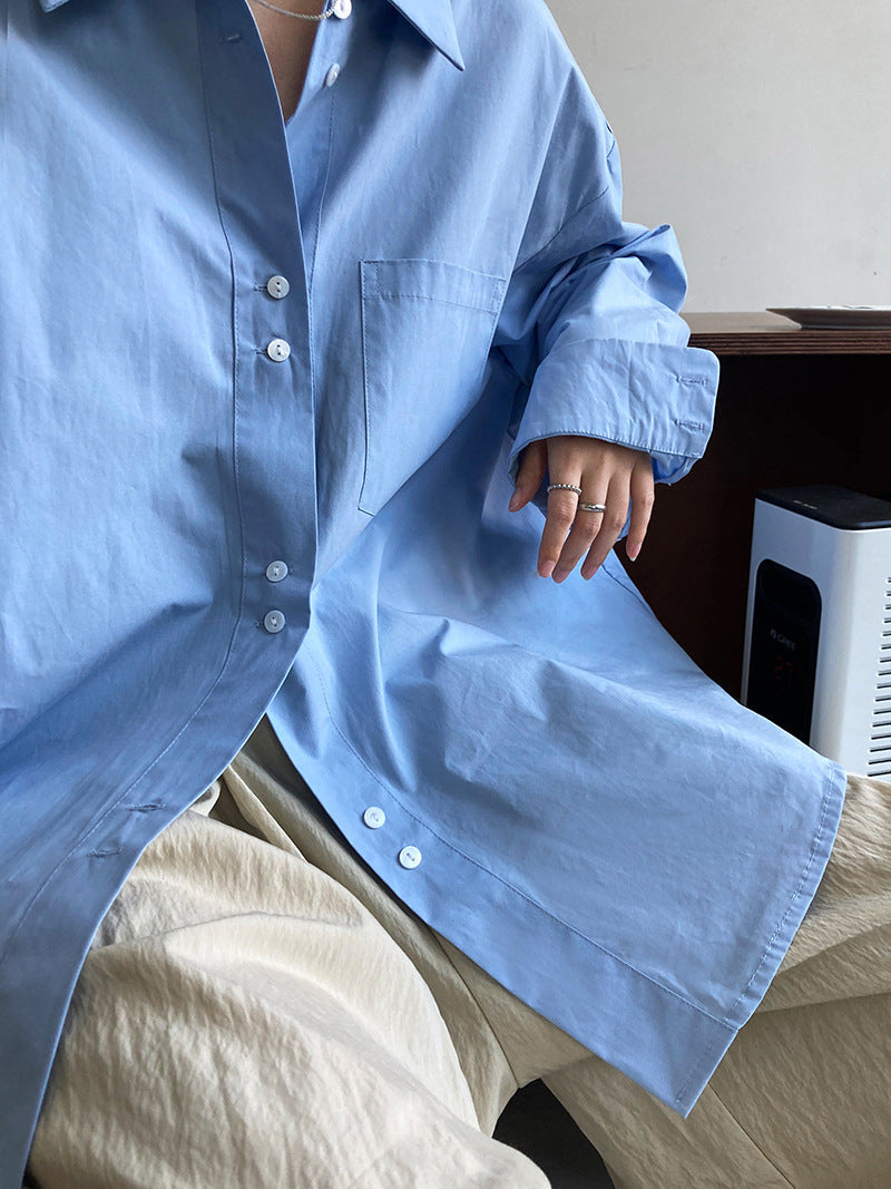 Autumn French casual simple solid color shirt women's lazy loose silhouette design sense stacked shirt