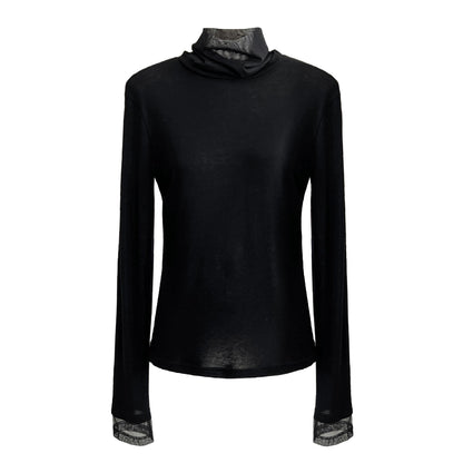 Tencel wool slim-fit pile turtleneck splicing mesh undershirt women's 26 spring shoulder T-shirt 2057