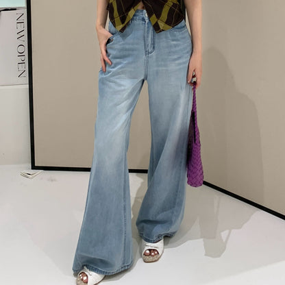 High waist polyester cotton slightly washed light blue jeans