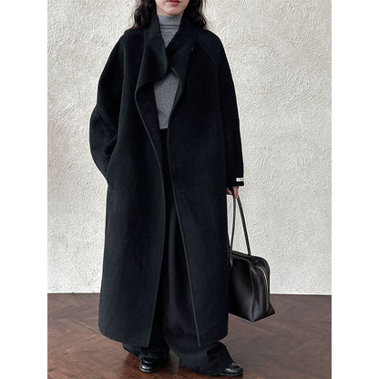 Korean version lazy diagonal buckle collar long double-sided woolen coat women's new woolen coat in winter