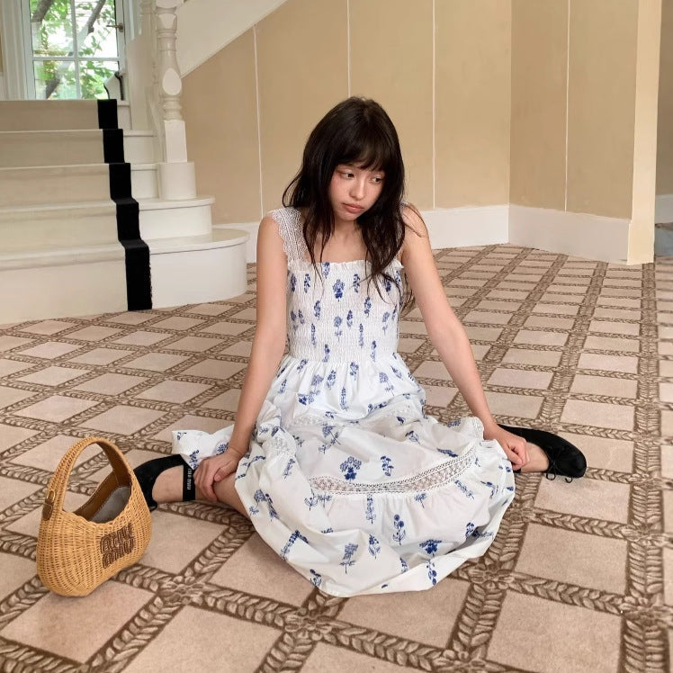 Floral Square Neck Sleeveless Pleated Maxi Dress