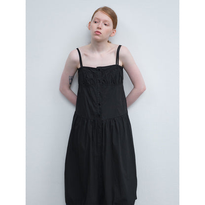 Summer new casual one-word collar pleated design sense solid color lace-up long suspender skirt