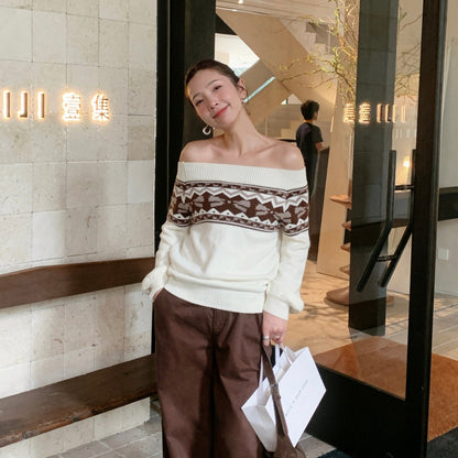 Sweet age-reducing wear loose one-word shoulder halter sweater for women