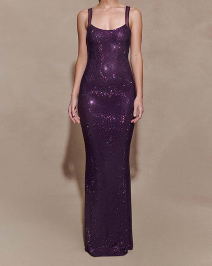 Rhinestone Embellished Halter Bodycon Maxi Dress