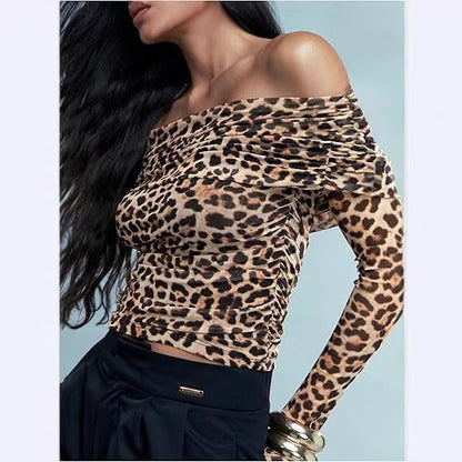 Asymmetrical Neck Long Sleeve Top Women Slim Fit Leopard Print Blouse