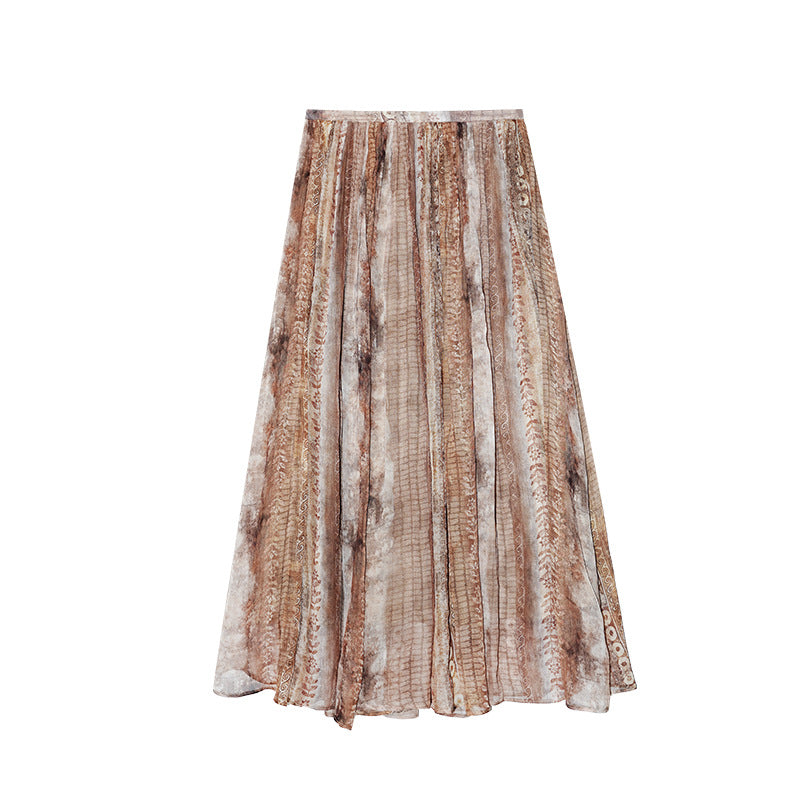 Spring retro vacation wind pendant elegant pleated silk print skirt