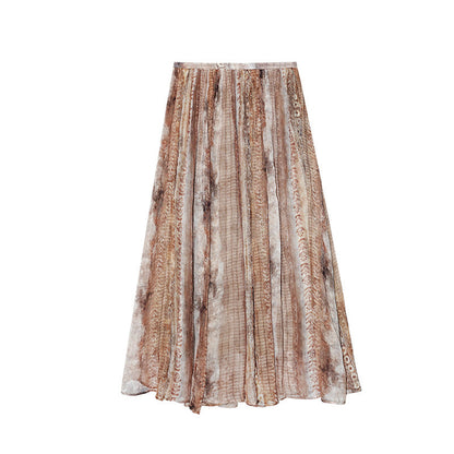 Spring retro vacation wind pendant elegant pleated silk print skirt