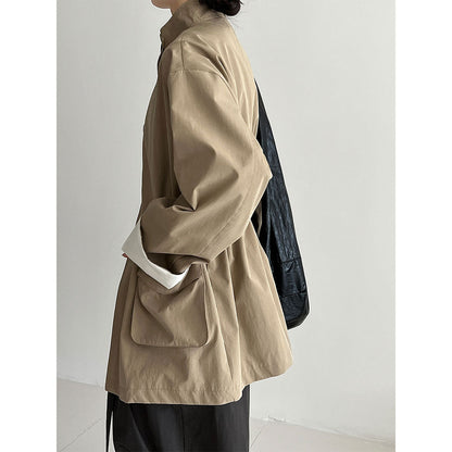 Korean medium and long stand-up collar loose drawstring trench coat women's autumn new big pocket design coat