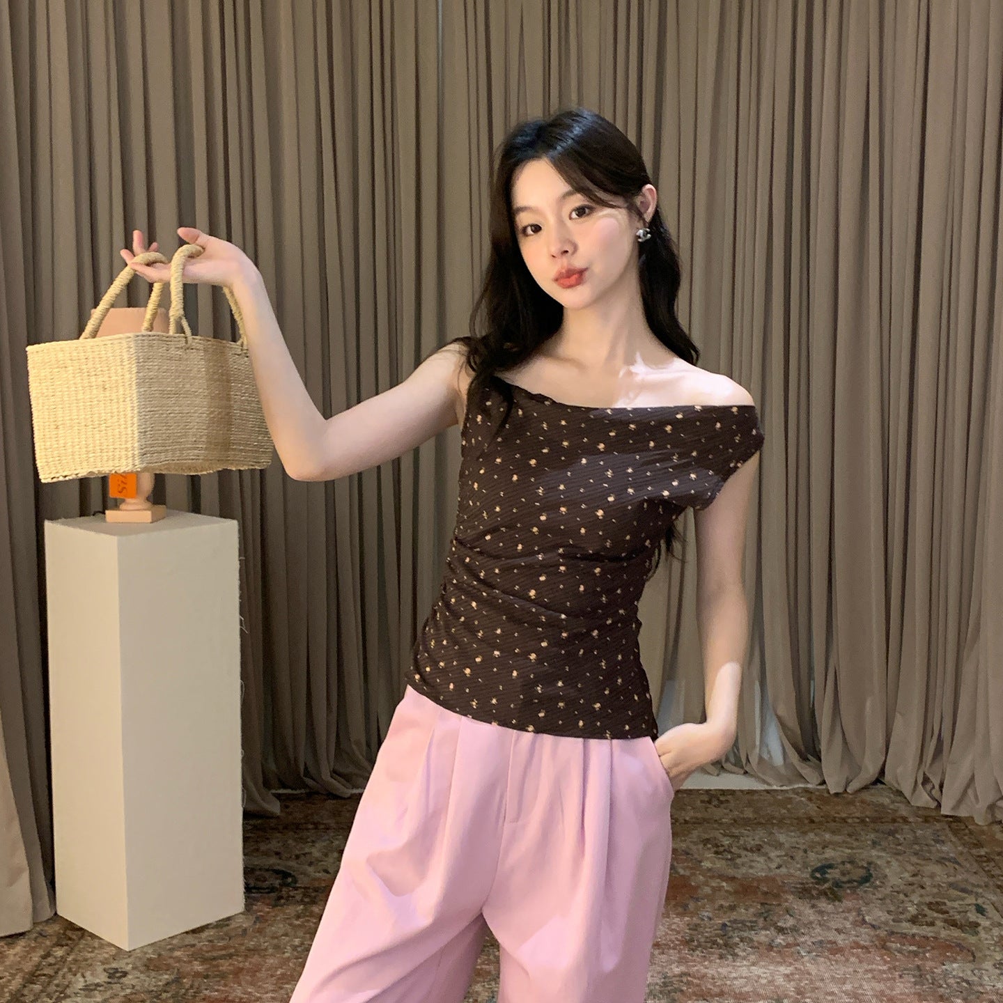 French Sweet Polka Dot Skinny Design Off-Shoulder Suspender Top