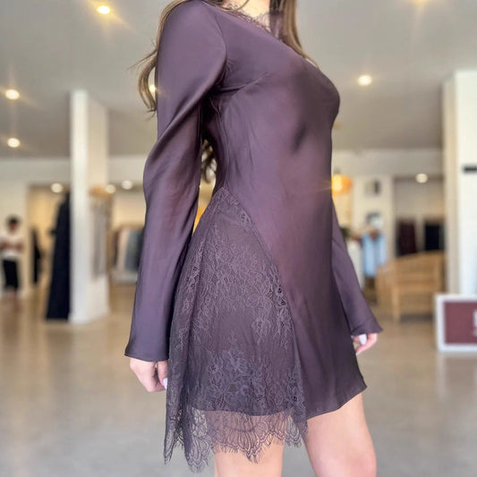 Satin Lace Splicing Flared Sleeve Short Skirt Sexy Pure Style Slim Dress