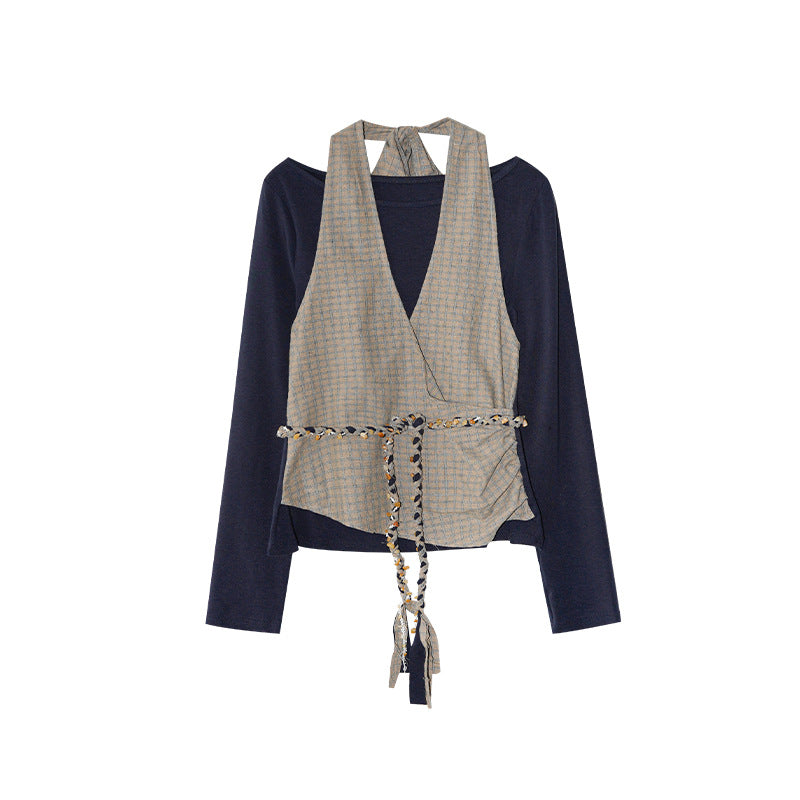 Plaid strap neck vest two-piece long-sleeved t-shirt