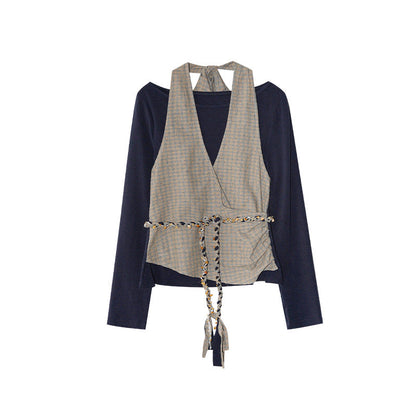 Plaid strap neck vest two-piece long-sleeved t-shirt